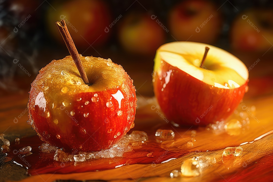 Maçãs de caramelo vermelhas doces vitrificadas típicas da festa junina com palitos