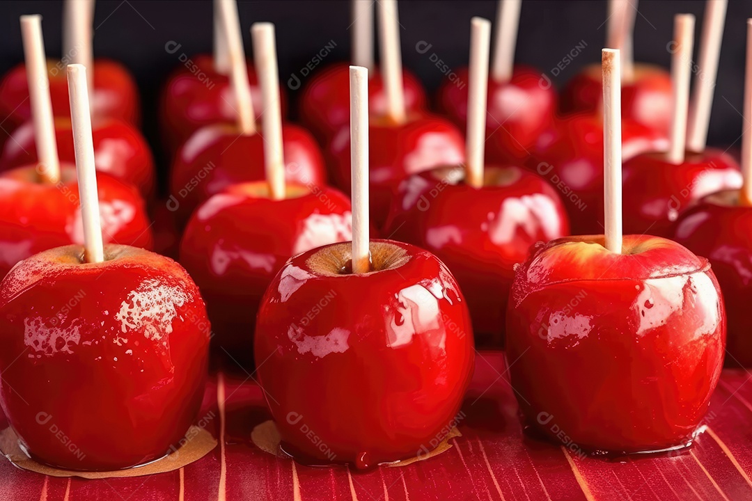 Maçãs de caramelo vermelhas doces vitrificadas típicas da festa junina com palitos