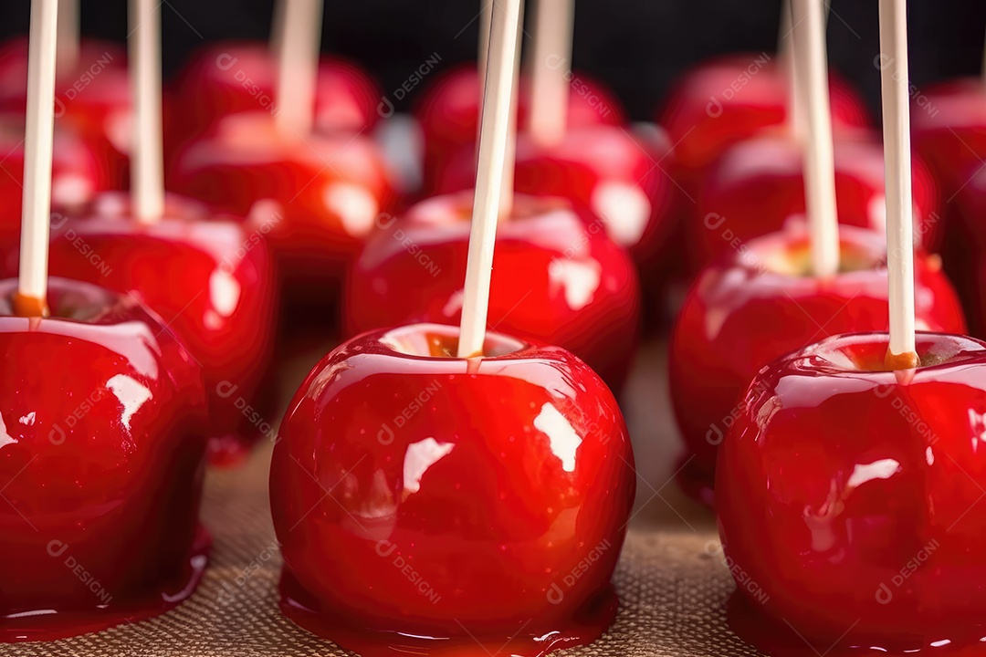 Maçãs de caramelo vermelhas doces vitrificadas típicas da festa junina com palitos