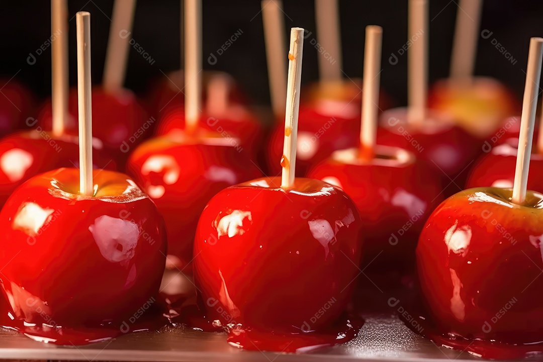 Maçãs de caramelo vermelhas doces vitrificadas típicas da festa junina com palitos