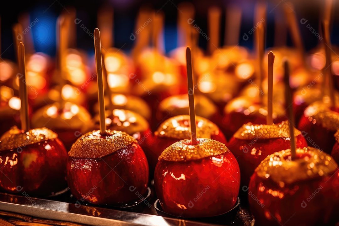 Maçãs de caramelo vermelhas doces vitrificadas típicas da festa junina com palitos