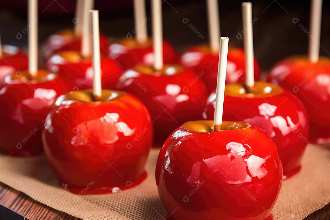 Maçãs de caramelo vermelhas doces vitrificadas típicas da festa junina com palitos