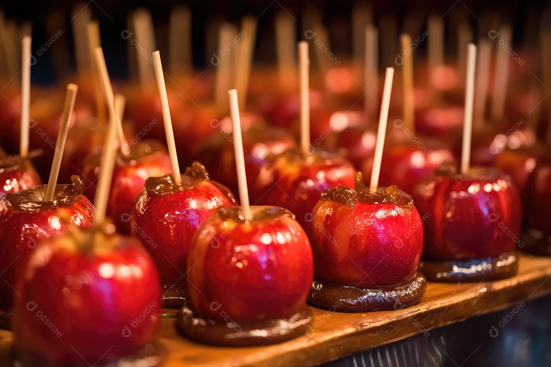 Maçãs de caramelo vermelhas doces vitrificadas típicas da festa junina com palitos