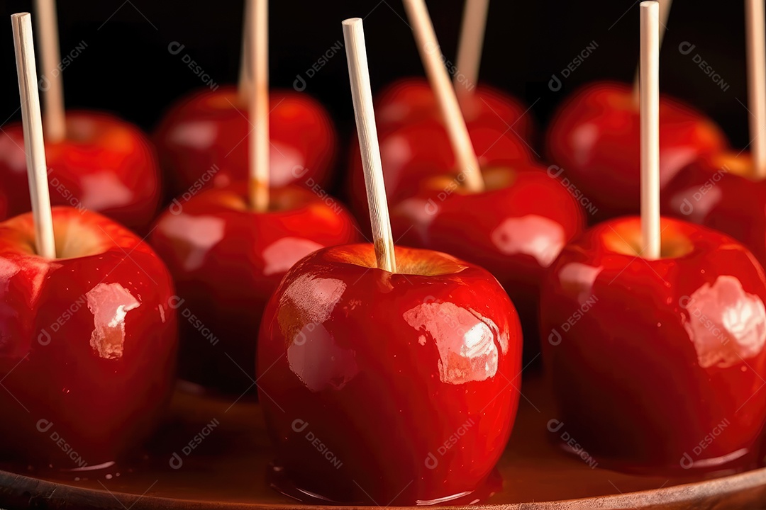 Maçãs de caramelo vermelhas doces vitrificadas típicas da festa junina com palitos