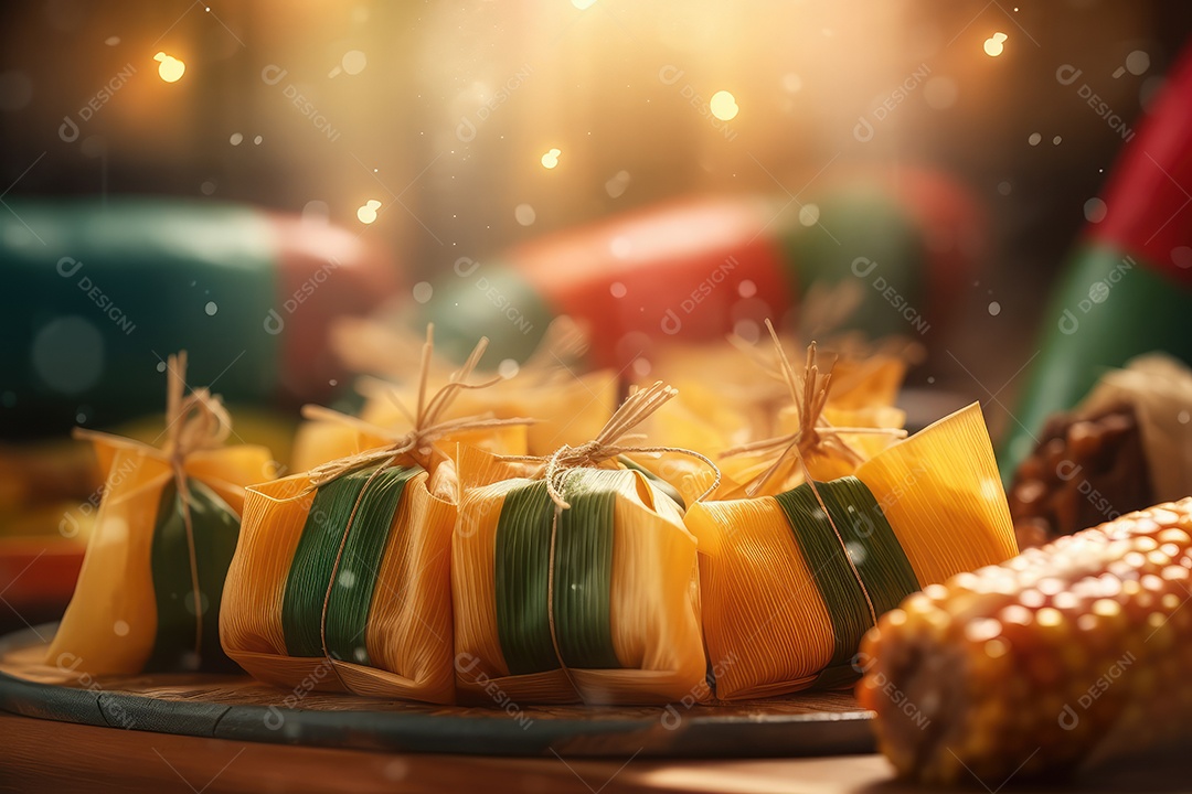 Pamonha ou Tamales com recheio de milho verde comida típica brasileira para a festa junina de São João.