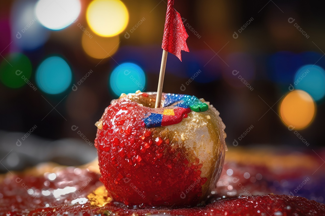 Maçãs de caramelo vermelhas doces vitrificadas típicas da festa junina com palitos