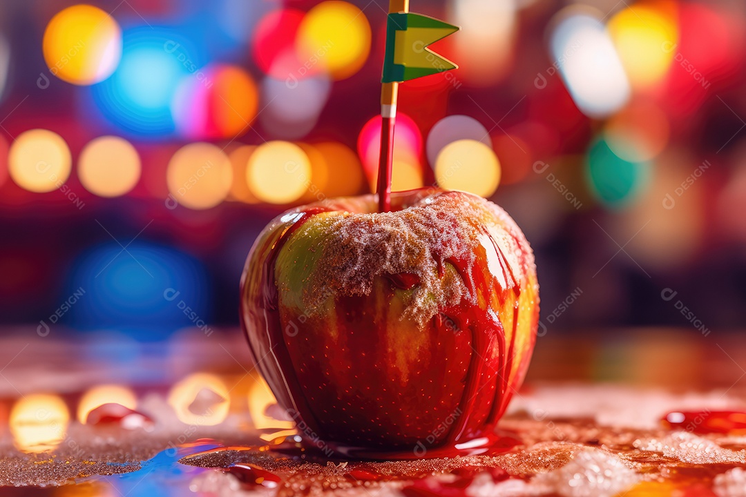 Maçãs de caramelo vermelhas doces vitrificadas típicas da festa junina com palitos