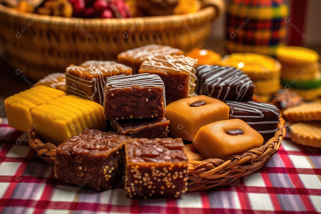 Doces típicos de festa na mesa, comida tradicional brasileira da Festa Junina de São João.