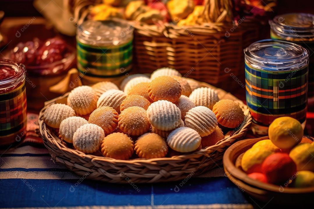 Doces típicos de festa na mesa, comida tradicional brasileira da Festa Junina de São João.