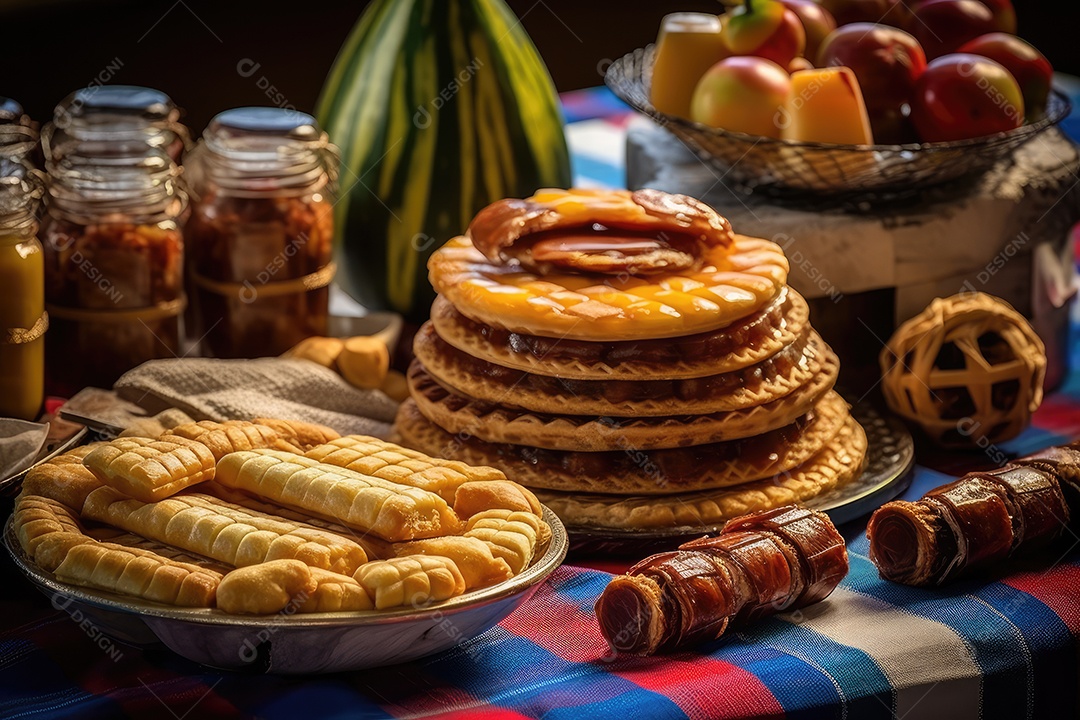 Doces típicos de festa na mesa, comida tradicional brasileira da Festa Junina de São João.