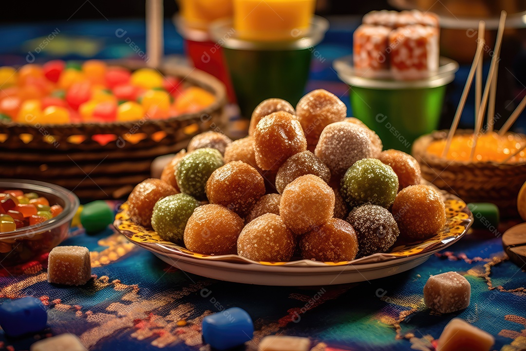 Doces típicos de festa na mesa, comida tradicional brasileira da Festa Junina de São João.