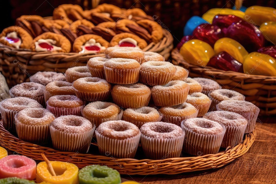 Doces típicos de festa na mesa, comida tradicional brasileira da Festa Junina de São João.