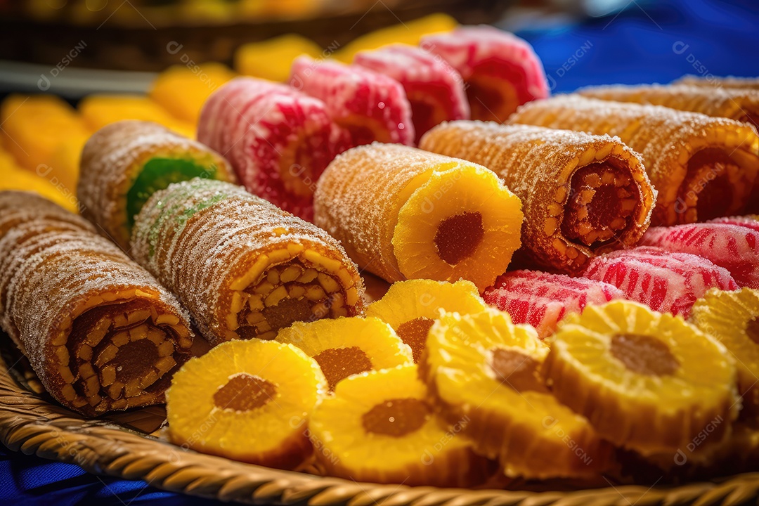 Doces típicos de festa na mesa, comida tradicional brasileira da Festa Junina de São João.