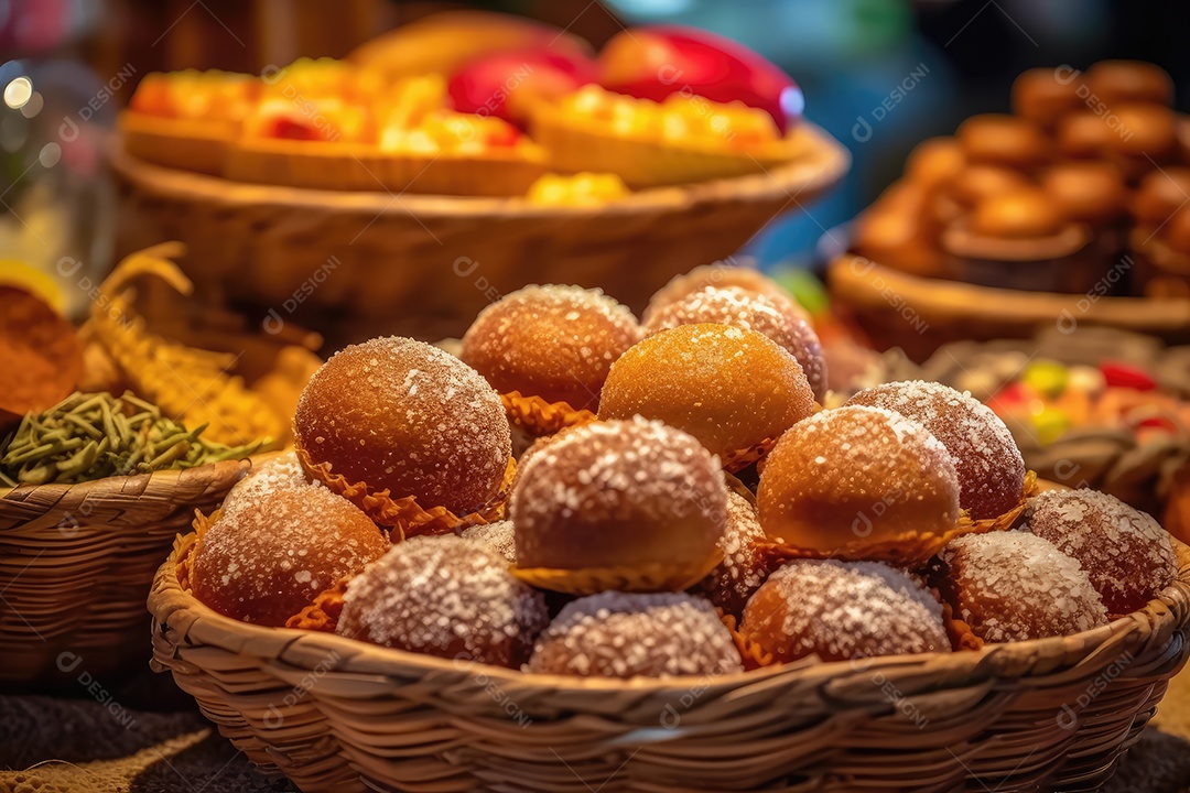 Doces típicos de festa na mesa, comida tradicional brasileira da Festa Junina de São João.