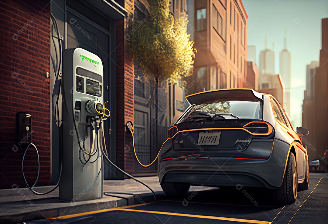 Vista traseira de um carro carregando em um kit de bomba elétrica