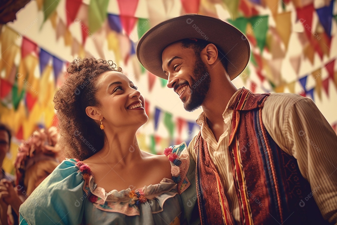 Casal felizes trajes festa junina