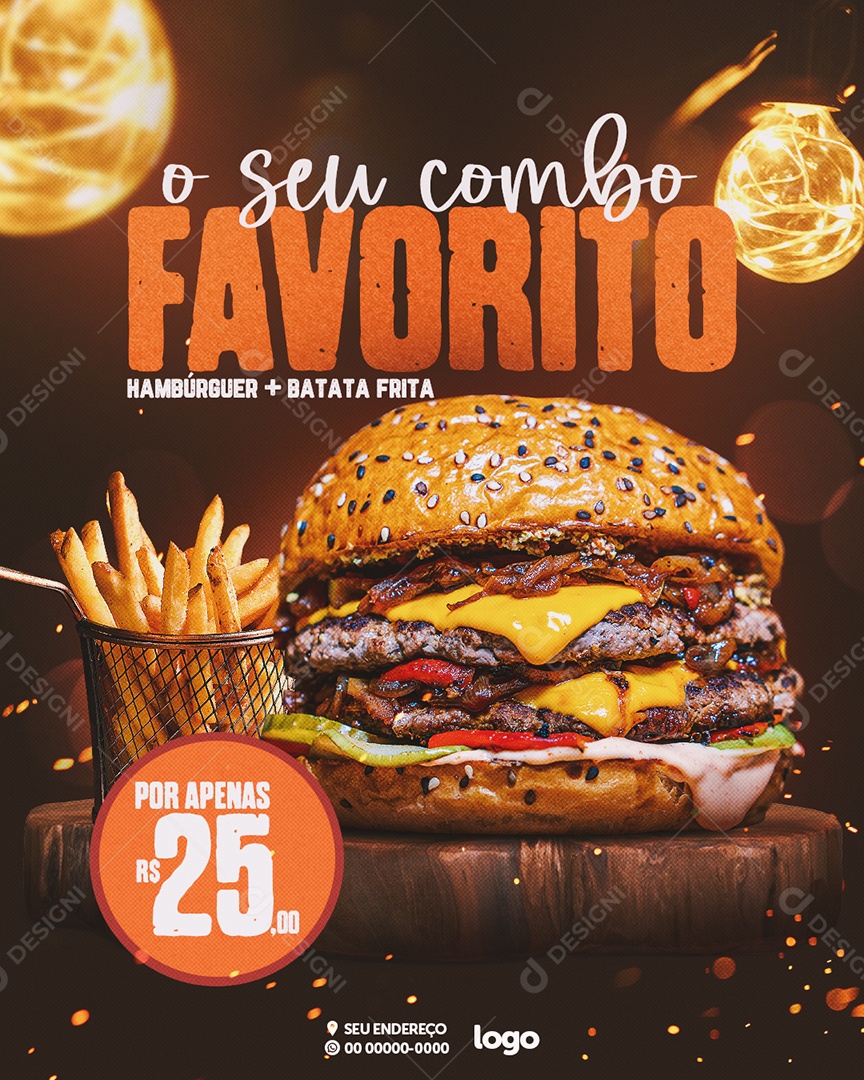O Seu Combo Favorito Hambúrguer + Batata Frita Por Apenas 25,00 Hamburgueria Social Media PSD Editável