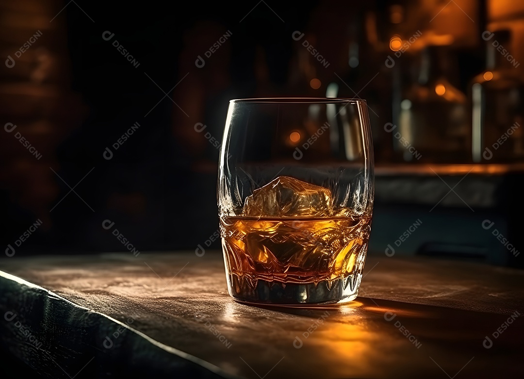 Copo de vidro gelo com bebida alcoólica sobre uma mesa de madeira