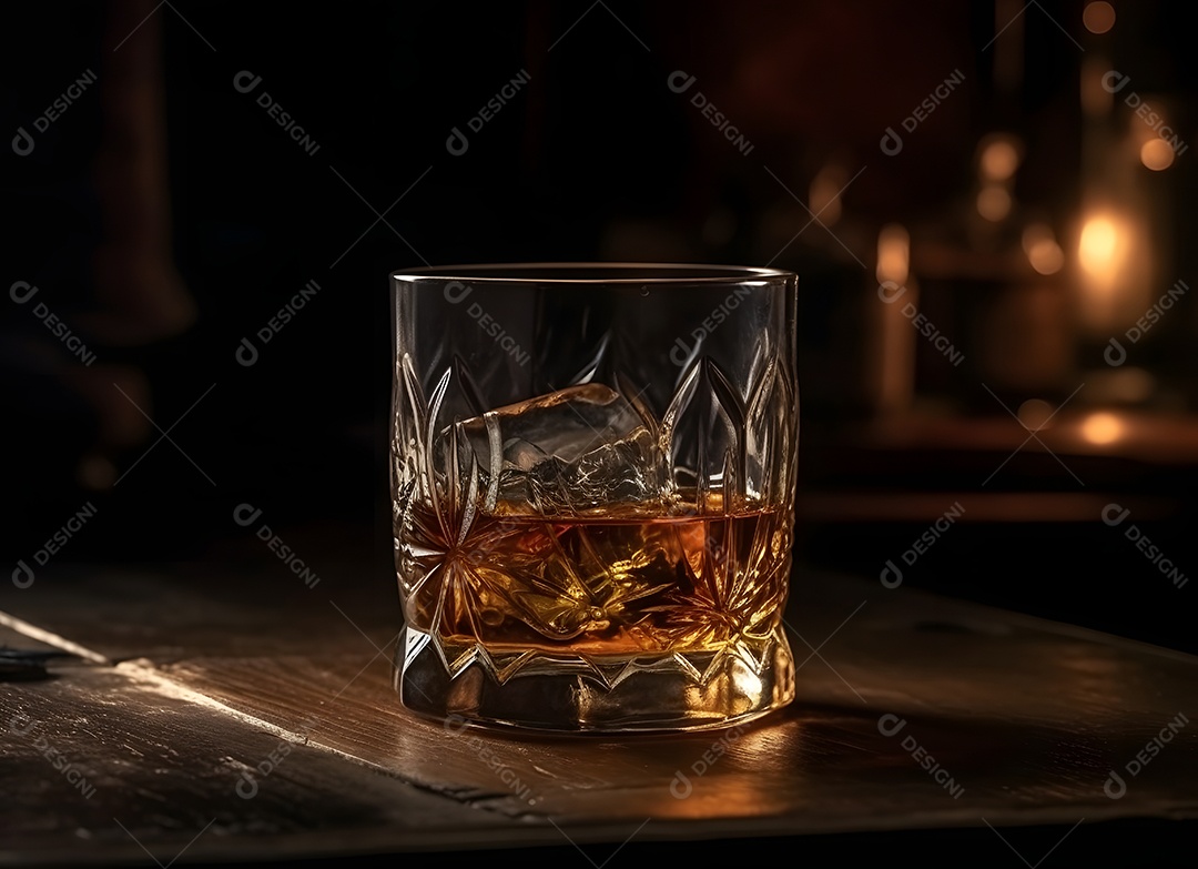 Copo de vidro gelo com bebida alcoólica sobre uma mesa de madeira