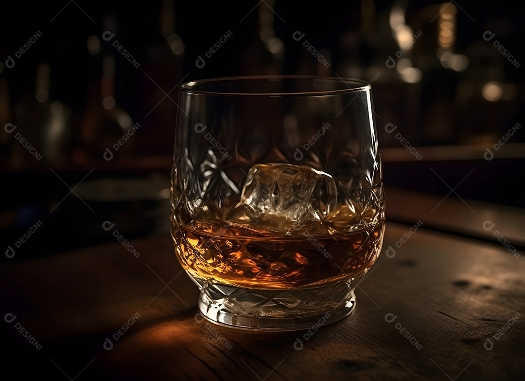 Copo de vidro gelo com bebida alcoólica sobre uma mesa de madeira