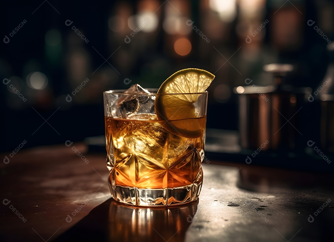 Copo de vidro gelo com bebida alcoólica sobre uma mesa