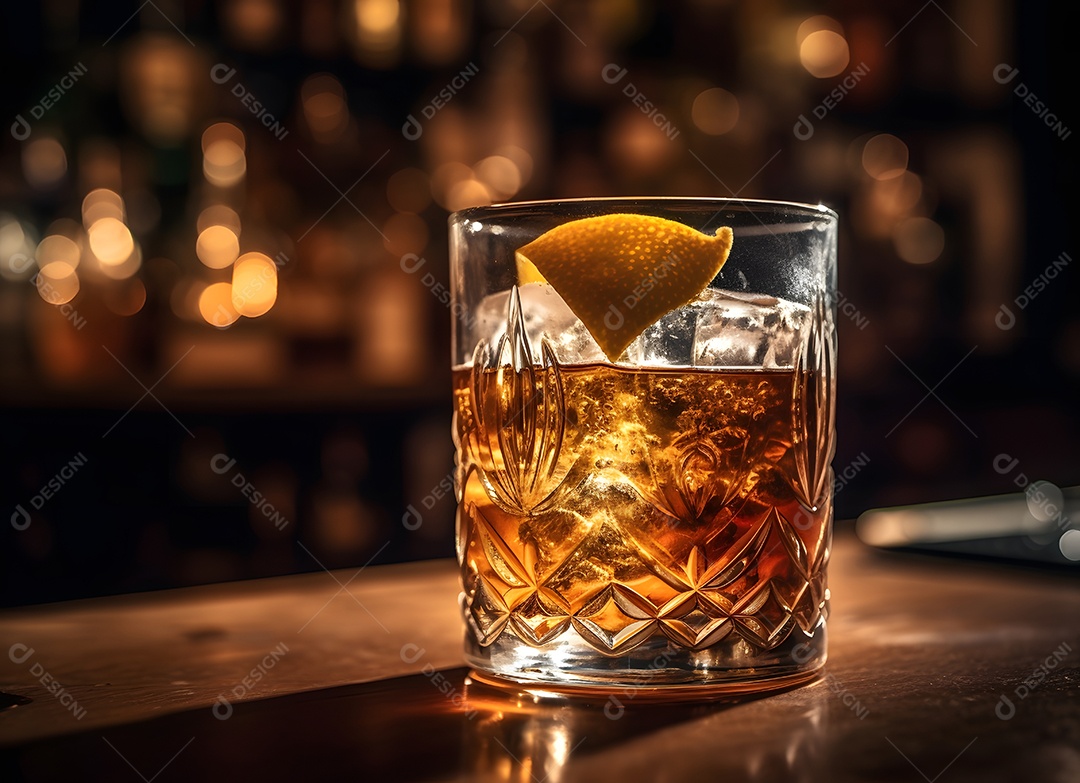 Copo de vidro gelo com bebida alcoólica sobre uma mesa de madeira