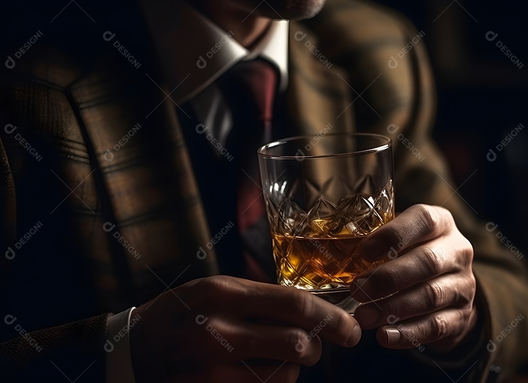 Mãos de pessoa segurando copo de vidro gelo com bebida alcoólica