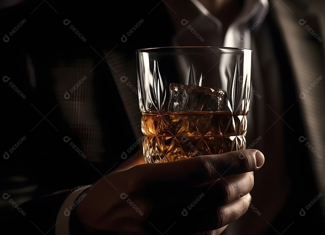 Mãos de pessoa segurando copo de vidro gelo com bebida alcoólica