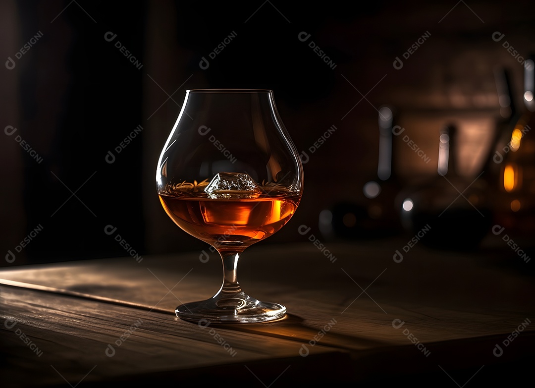 Copo de vidro gelo com bebida alcoólica sobre uma mesa de madeira