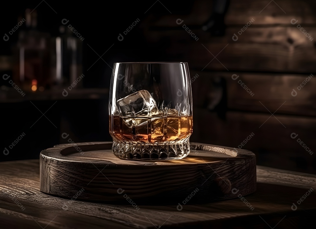 Copo de vidro gelo com bebida alcoólica sobre uma mesa de madeira