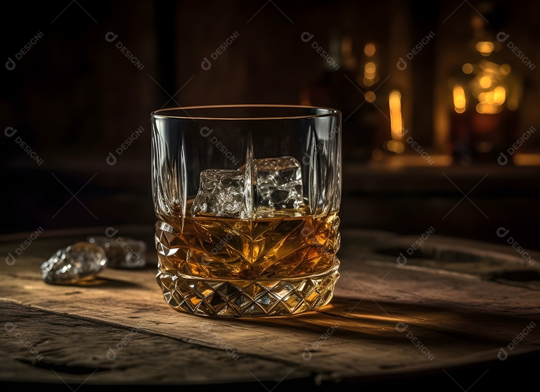 Copo de vidro gelo com bebida alcoólica sobre uma mesa de madeira