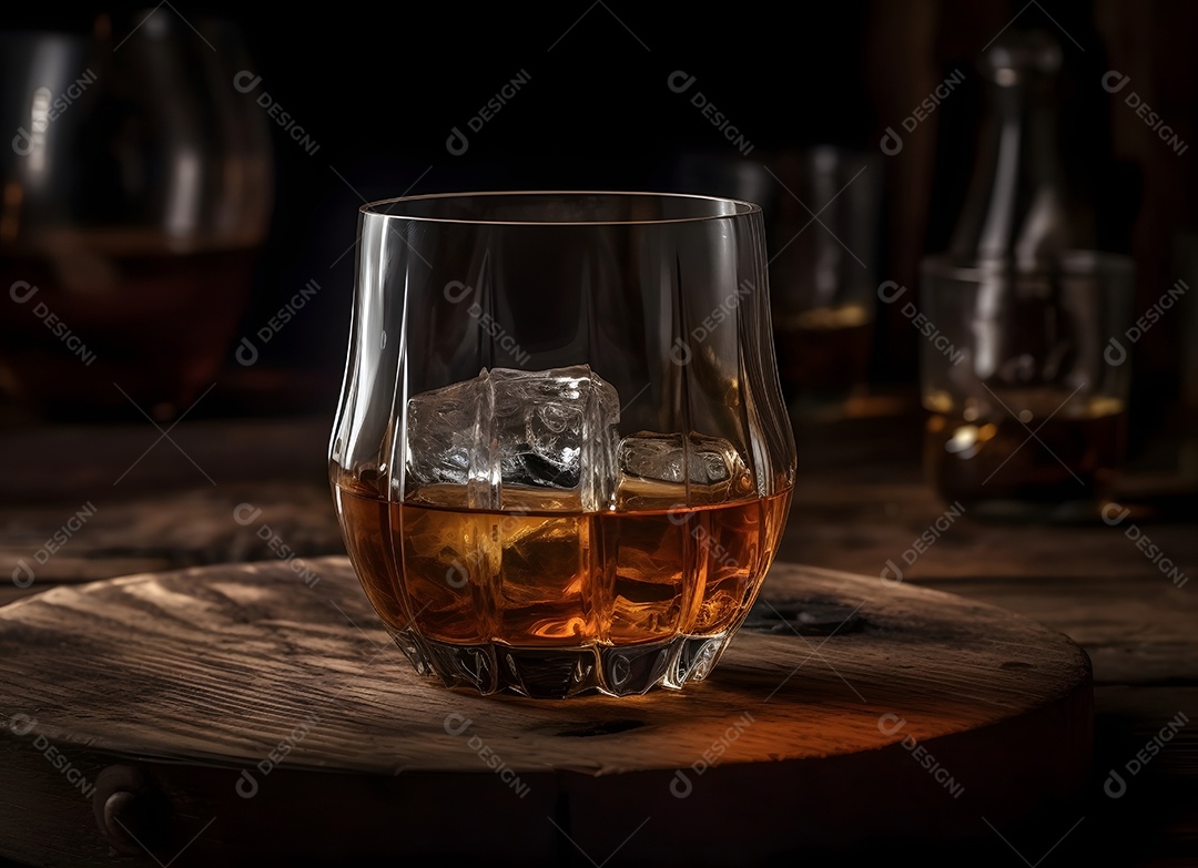 Copo de vidro gelo com bebida alcoólica sobre uma mesa de madeira