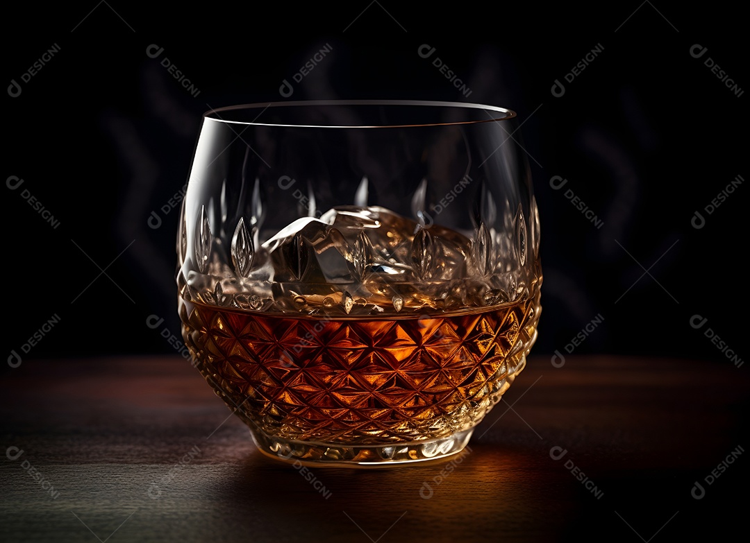 Copo de vidro gelo com bebida alcoólica sobre uma mesa de madeira