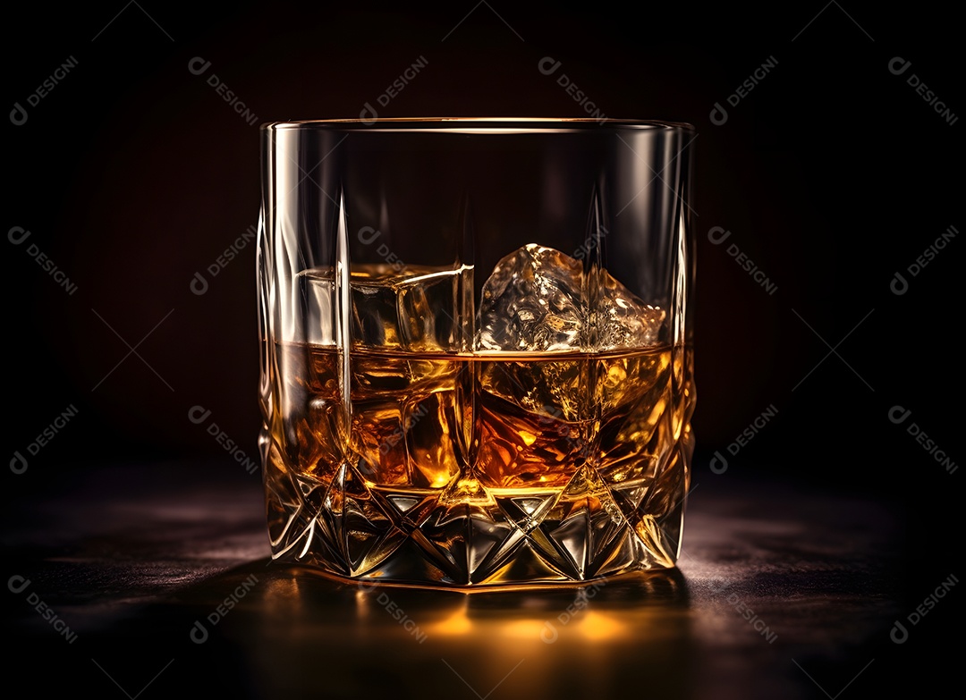 Copo de vidro gelo com bebida alcoólica sobre uma mesa de madeira