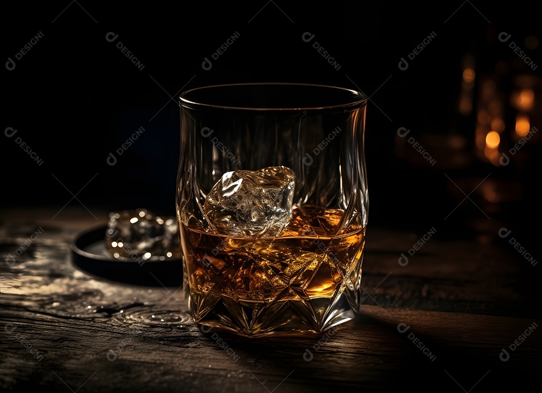 Copo de vidro gelo com bebida alcoólica sobre uma mesa de madeira