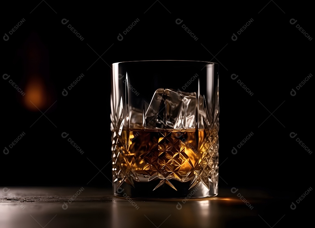 Copo de vidro gelo com bebida alcoólica sobre uma mesa de madeira