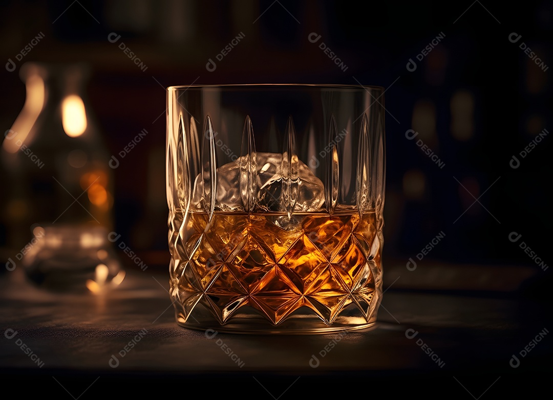 Copo de vidro gelo com bebida alcoólica sobre uma mesa de madeira