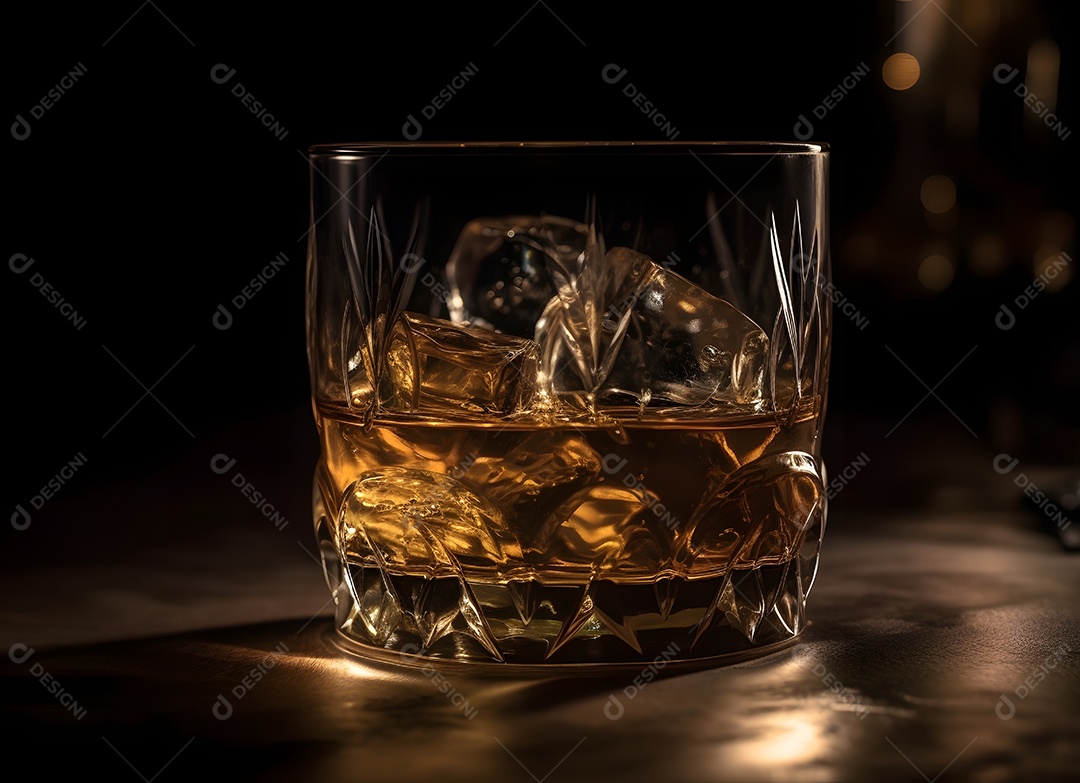 Copo de vidro gelo com bebida alcoólica sobre uma mesa de madeira