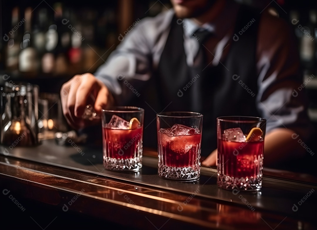 Copo de vidro gelo com bebida alcoólica sobre uma mesa de madeira