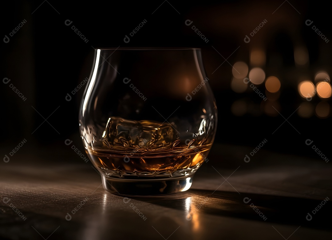 Copo de vidro gelo com bebida alcoólica sobre uma mesa