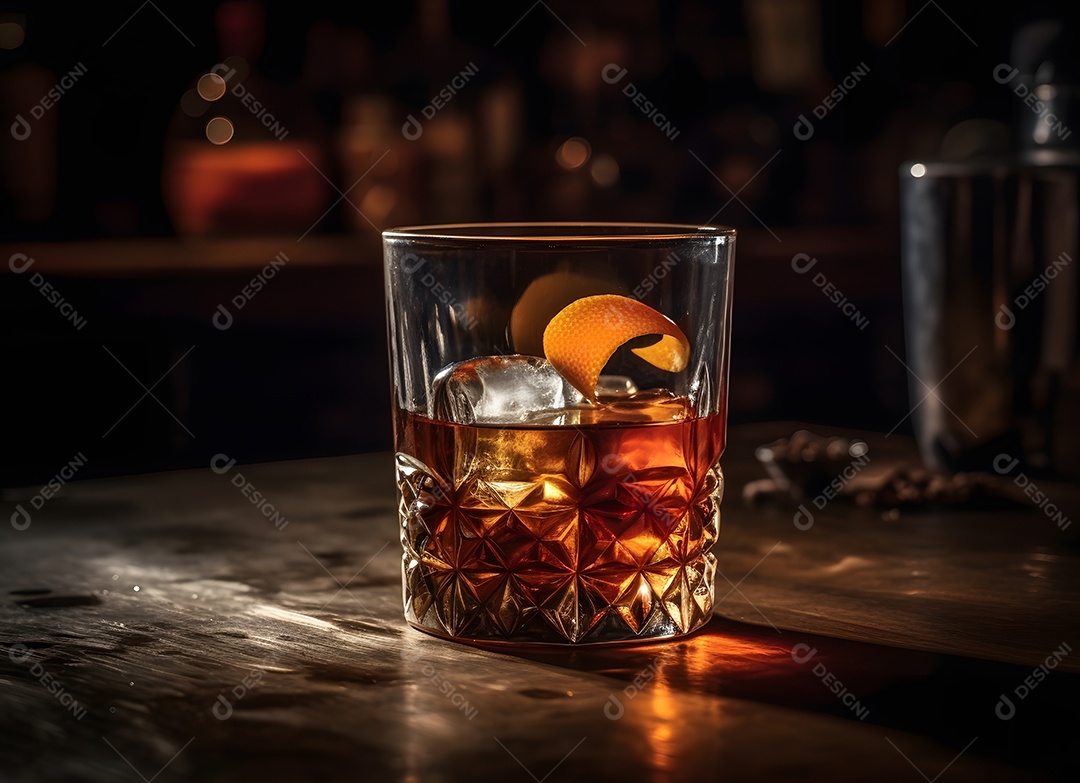 Copo de vidro gelo com bebida alcoólica sobre uma mesa de madeira