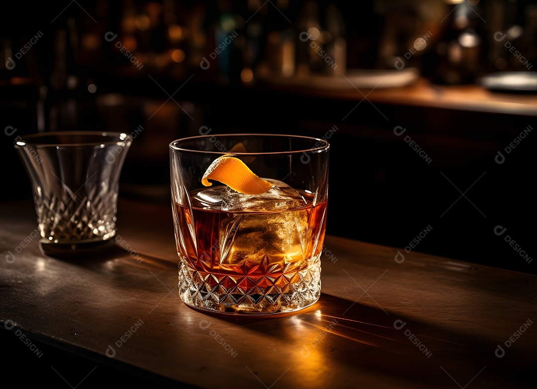 Copo de vidro gelo com bebida alcoólica sobre uma mesa de madeira