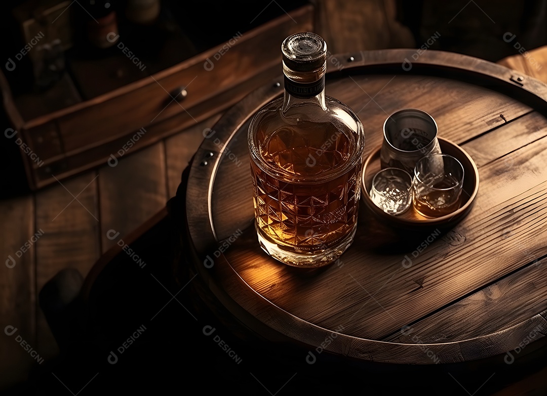 Garrafa de bebida alcoólica sobre uma mesa de madeira