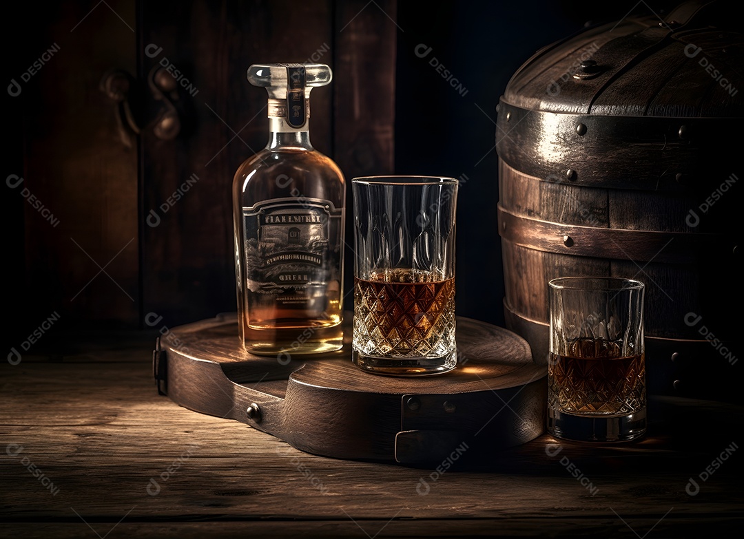 Garrafa de bebida sobre uma mesa de madeira