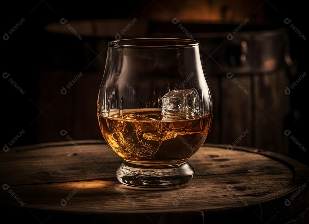 Copo de vidro com bebida e gelo sobre uma mesa de boteco