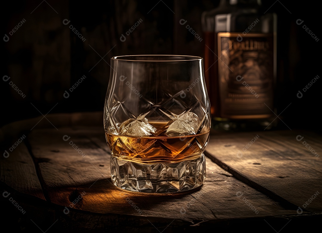 Copo de vidro com bebida e gelo sobre uma mesa de boteco