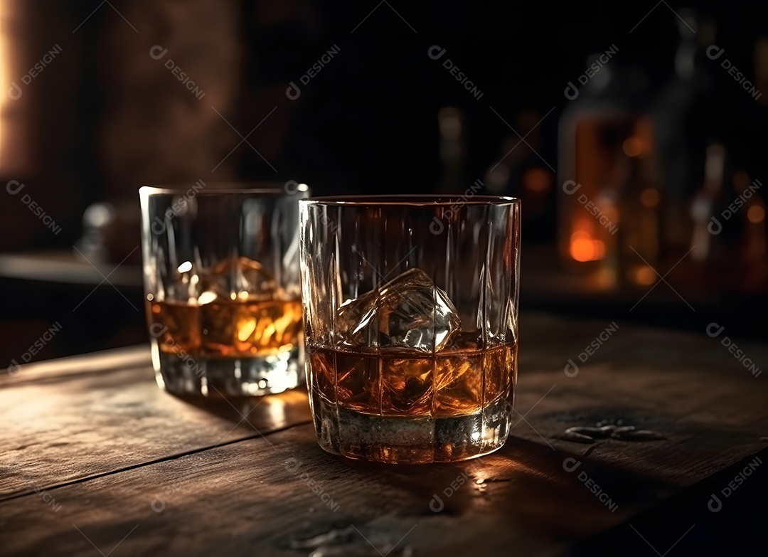 Copo de vidro com bebida e gelo sobre uma mesa de boteco