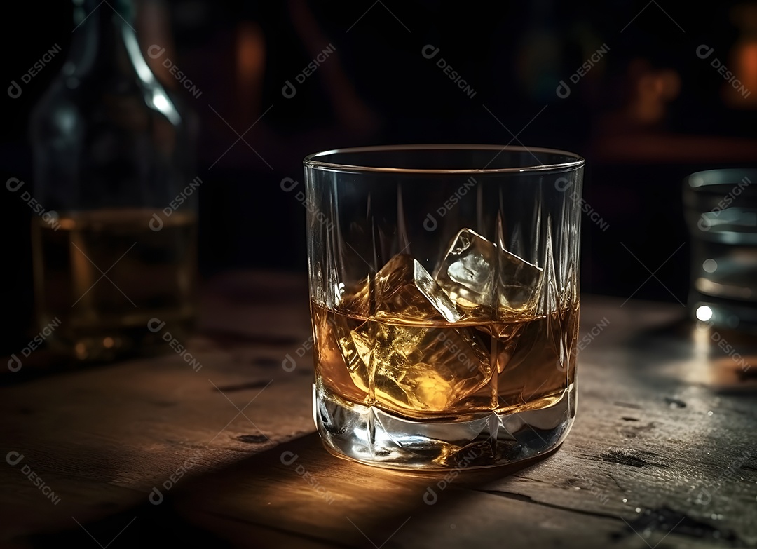 Copo de vidro com bebida e gelo sobre uma mesa de boteco