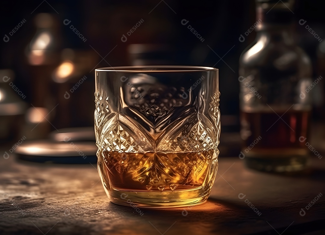 Copo de vidro com bebida e gelo sobre uma mesa de boteco