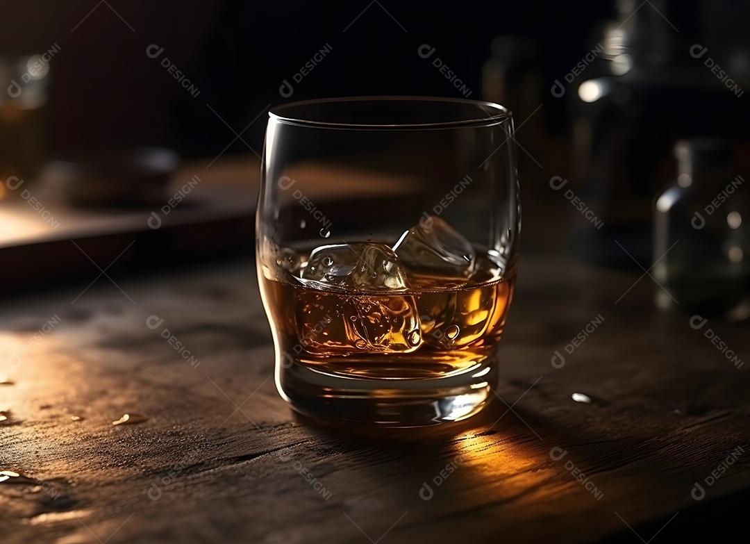 Copo de vidro com bebida e gelo sobre uma mesa de boteco